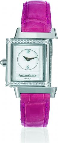 Duetto.Jaeger LeCoultre, Reverso.case No. 2286773, Ref. 266.8.44. Sold on.May 15, 2006..Fine, rectangular, reversible, double-dial.stainless steel and diamond lady's wristwatch.with a stainless steel Jaeger.LeCoultre deployant clasp. Accompanied.by the gu