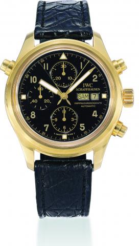 Yellow Gold Doppelchronograph.International Watch Co..Schaffhausen, Doppelchronograph, Automatic.case No. 2604700, Ref. 3711..Made circa 1998..Fine and rare, water-resistant, self-winding.anti-magnetic, 18K yellow gold wristwatch.round button split-chrono