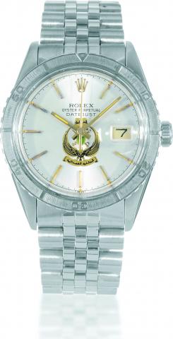 Ref. 16250, Libyan Army Dial.Rolex, Oyster Perpetual Date-.Just, case No. 6046794, Ref. 16250. Made.in 1979..Fine and rare, tonneau-shaped, center-seconds.self-winding, water-resistant, stainless steel.wristwatch with date and a stainless steel.Rolex Jubi