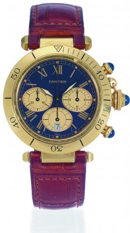 Yellow Gold Pasha Chronograph.Cartier, Pasha, Ref. T101492, case No. 30009. Made in the 1990s..Fine, water-resistant, quartz, 18K yellow gold wristwatch with round button chronograph.registers, date and an 18K yellow gold Cartier deployant clasp. Accompan
