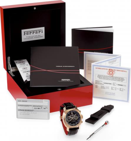 Granturismo Chronograph.Ferrari - Engineered by Officine Panerai.Ferrari - Granturismo Chronograph, Automatic.No. FA272/300, case No. BB1218328, Ref. F 6663..Made in a limited edition of 300 pieces in 2006..Fine and rare, oversized, cushion-shaped, self-w
