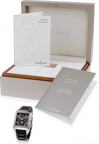 Reverso Squadra _ World Chronograph.Jaeger-LeCoultre, Reverso Squadra _ World Chronograph, Automatique, 1000 Hours Control, No. 1050/1500, Ref. 231.T.50..Made in a limited edition of 1500 pieces in 2007..Fine and rare, large, rectangular and reversible, w