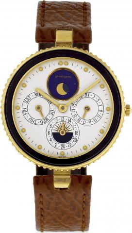 Gefica.G_rald Genta, Gefica, Automatic Gold Moon, Ref. G. 3111.7..Fine, astronomic, self-winding, 18K yellow gold wristwatch with day and date, 24-hour indication, moon phases.and an 18K yellow gold Gerald Genta double deployant clasp.