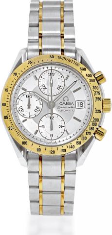 Omega, Speedmaster, Automatic, Date, No. 56749919, Ref. 375.0083. Made circa 1997..Fine, self-winding, water-resistant, stainless steel and 18K yellow gold wristwatch with round button chronograph.registers, date and a stainless steel and gold Omega link 