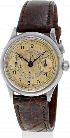 Stainless Steel Chronograph.Omega, No. 9380245, Ref. 857. Made circa 1940..Fine and very rare, stainless steel Staybrite wristwatch with oval button chronograph.register, telemeter and tachometer.