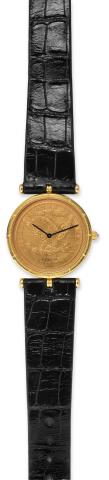Corum Coin Watch, No..530115, case No. 610272.Ref. 55.477.56. Made in.the late 1990s, sold on January 15.2003..Fine and elegant, 18K yellow gold wristwatch.inserted into a 10 Dollar U.S. gold coin.dated 1893, bearing the motto In God We.Trust with an 18K 