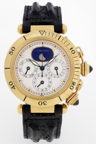 Pasha Two Time Zone.Cartier, Pasha Quartz - Two-Time-Zone, case No..30002, Ref. 0207. Made in the 1990s..Fine and rare, two-time-zone, center seconds,water-resistant, 18K.yellow gold quartz wristwatch with moon phases, day and date.and an 18K yellow gold 