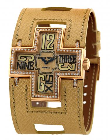 Pink Follow Me.Roger Dubuis, Horloger Genevois, Follow Me, No..177/888, Ref. F17. Made in a limited edition of 888.pieces in the early 2000s..Fine and unusual, cross-shaped and curved, water-resistant, 18K.pink gold and diamond quartz wristwatchwith an 18