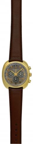Movado, Datron HS 360. Chronograph, Automatic.Ref. 6718. Made in the 1970s..Fine, cushion-shaped, self-winding,water-resistant, 18K.yellow gold wristwatch with date, round button chronograph.registers and tachometer.