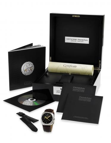 PAM 201 Radiomir Platinum 8 Days GMT.Officine Panerai, Firenze 1860, Radiomir 8 Days, No. H 025/250, Ref. OP 6619. Made in a limited edition of 250 examples.in 2005, sold in April 2006..Very fine and rare, large, cushion-shaped, water-resistant, two time 