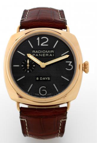 PAM 197, Pink Gold Radiomir 8 Days.Officine Panerai, Firenze 1860, Radiomir 8 Days, No..G049/200, case No. BB1130983, Ref. OP 6614.Made in a limited.edition of 200 examples in 2004..Very fine and rare, large, cushion-shaped, water-resistant, 18K.pink gold