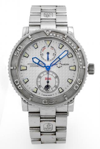 Marine Chronometer.Ulysse Nardin, Marine Chronometer 1846, Officially.Certified Chronometer, No. 0928, Ref. 263-55.Made circa 2000..Fine, self-winding, water-resistant, stainless steel chronometer.wristwatch with date, power reserve and a stainless steel 