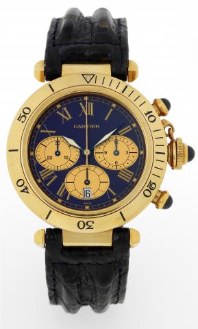 Yellow Gold Pasha Chronograph.Cartier, Pasha, Ref. T101492, case No. M103049. Made in the 1990s..Fine, water-resistant, 18K yellow gold quartz wristwatch with round button chronograph, registers, date and an 18K.yellow gold Cartier deployant clasp..To be 