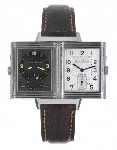 Night and Day.Jaeger-LeCoultre, Reverso - Duoface - Night and Day, case No. 1942084, Ref. 270.8.54. Made in 1999..Very fine, rectangular and reversible, two time zone, double-dialed, stainless steel wristwatch with a stainless steel.Jaeger LeCoultre deplo