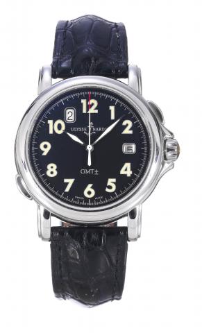San Marco GMT.Ulysse Nardin, San Marco.GMT, No. 274, Ref. 213-22..Made circa 1998..Fine, water-resistant, self-winding, center.seconds, two time zone stainless steel wristwatch.with date and a stainless steel Ulysse.Nardin buckle. Accompanied by a fitted 