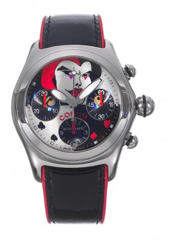 Joker.Corum, Automatic, THE COLLECTOR.SERIES, No.338/ 777, case No..794694, Ref. 285.240.20. Made in a limited.edition of 777 pieces in 2001..Fine, curved, self-winding, water-resistant.stainless steel, wristwatch with round button.chronograph, registers 