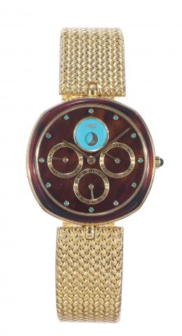 Gerald Genta for Fred, Perpetual.Calendar, Automatic, case.No. G1839.7, Ref. 15934. Made.in the 1980s..Fine, self-winding, 18K yellow gold, tortueshell.lacquered, turquoise wristwatch with.perpetual calendar, moon phases and an.18K yellow gold Gerald Gent