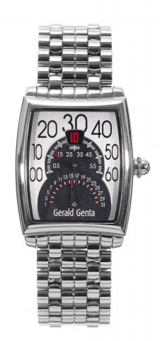 Solo Bir_tro.G_rald Genta, Solo Bir_tro.case No. 115680, Ref. BSO.L.10..Made circa 2006..Fine, tonneau-shaped and curved, jumphour.self-winding, water-resistant, stainless.steel wristwatch with retrograde minutes.and retrograde date with a stainless steel