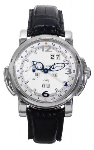 Platinum Perpetual Calendar GMT.Ulysse Nardin, Perpetual Calendar- GMT Chronometer.No. 016/500, Ref. 329-60. Made in a limited edition of 500.pieces in 2000..Very fine, self-winding, water-resistant, two time zone, platinum.chronometer wristwatch with per