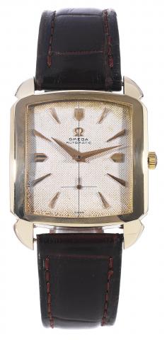 Yellow Gold, Bumper.Omega,movementNo.13326746.case No. 11187856, Ref. 3950. Made in.1948..Very fine, square, center seconds, 14K.yellow gold self-winding wristwatch with.bumper, with a gold-plated Omega.buckle..To be sold without reserve