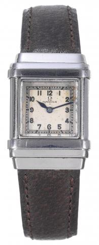 Marine.Omega, case No. 9392235, Ref. CK 679. Made in the.late 1930s..Very fine and rare, rectangular, water-resistant, Staybrite-cased.midsized wristwatch.