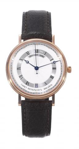 St. Petersburg.Breguet, St. Petersburg, No. 43/100, case No. 1081.Ref. 5933.Made in a limited series of 100 examples for.the Russian market, sold on June 14, 2004..Very fine, self-winding, center seconds, 18K pink gold wristwatch.with date and an 18K pink