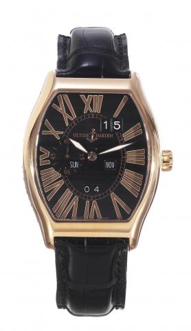 Ludovico Perpetual.UlysseNardin, Ludovico Perpetual Calendar,No. 152.Ref. 336-48. Made circa 2005..Fine, tonneau-shaped, self-winding, water-resistant, 18K pink gold.wristwatch with perpetual calendar and an 18K pink gold Ulysse.Nardin deployant clasp.