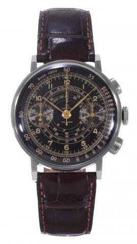 Omega, Fab. Suisse, Chronograph, Tachy-Telemeter.movement No. 9597143, case No. 1011242B1, Ref..CK2078. Made circa 1940..Very fine and rare, large, stainless steel Staybrite wristwatch with.olive-shaped button chronograph, register, telemeter, tachometer.