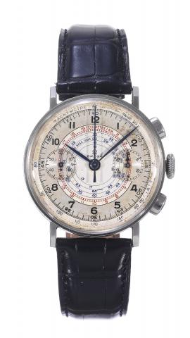 Omega, Tachy-Tele Chronograph, movement No..9384282, case No. 9555586, Ref. 2088. Made circa.1940..Very fine and rare, oversized, stainless steel Staybrite wristwatch.with olive-shaped button chronograph, register, tachometer.telemeter and a stainless ste