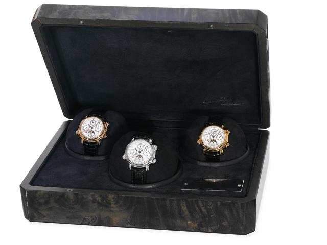Set Reveil No.001.A set of 3 Jaeger-LeCoultre, Calendrier Perp_tuel, Grand R_veil, No. 001/250. Made in a limited edition of 250.examples in the 1990s. Accompanied by a fitted box, certificates, guarantee and instruction booklets.