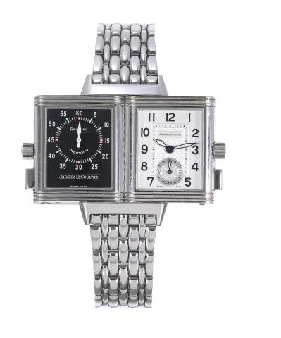 Stainless Steel Memory.Jaeger-LeCoultre, Reverso Memory, case No. 2031197, Ref. 255.5.82. Made circa 2000..Fine, rectangular, stainless steel reversible wristwatch with two dials, permanent minute register and fly-back.mechanism and a stainless steel Jaeg
