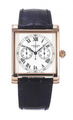 Le Monopoussoir.Cartier, Paris, Collection Priv_e Cartier, Le Monopoussoir, movement No. 013, No. 013/100, Ref. 2846..Made in a limited series of 100 examples in the 2000s..Very fine, square, water-resistant, 18K pink gold wristwatch, single-button chrono