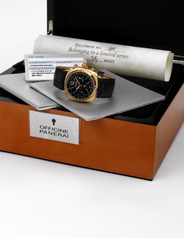 PAM 147.Chrono Split-Seconds.Officine Panerai, Radiomir, No. 34/35, case No. BB1091063, Ref. OP.6591. Made in a limited series of 35 pieces in 2003, sold November 11th, 2003..Fine, cushion-shaped, large, water-resistant, 18K yellow gold wristwatch with ro