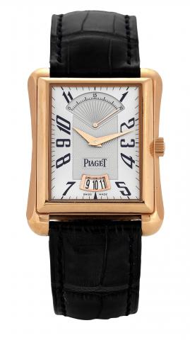 Emperador Retrograde Seconds.Piaget Emperador, case No. 916639, Ref. P 10109. Made in 2004, sold August 3, 2005..Fine, water-resistant, self-winding, 18K pink gold wristwatch with retrograde seconds, date and an 18K pink gold Piaget buckle..Accompanied by