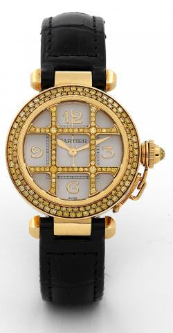 Pasha Grille Cartier, Ref. 2399. Made in the 1990s..Very fine, round, center seconds, self-winding, water-resistant, 18K yellow gold and diamonds wristwatch with an 18K.yellow gold Cartier buckle.