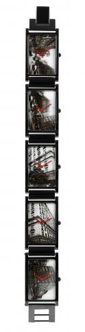 Andy Warhol, Times/5.Movado, Andy Warhol, Times/5, No. 215/ 250. Made.in a limited edition of 250 examples in 1988..Fine and unusual, World Time, rectangular, PVD coated polished.stainless steel wristwatch with five dials representing five different.views