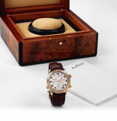 L_man GMT Alarm.Blancpain, L_man GMT Alarm, No. 187, Ref. 2841. Made in 2004, sold September 24, 2004..Very fine, self-winding, water-resistant, two time zone, 18K pink gold wristwatch with alarm, alarm and power reserve indication.date and an 18K pink go