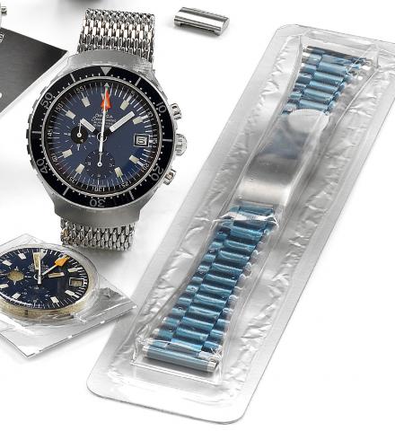 Big Blue Seamaster 120.Omega, Seamaster, Automatic, 120m / 400ft, No. 34254147, Ref. ST 176.004. Made in 1974..Very fine, self-winding, water-resistant, stainless steel wristwatch with round button chronograph, registers.central minute counter, 24-hour in