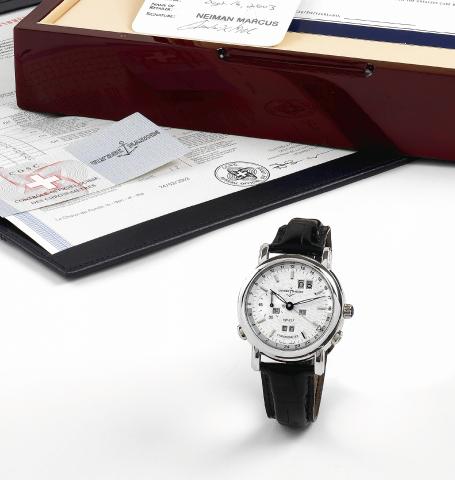 Platinum Perpetual Calendar GMT.Ulysse Nardin, Perpetual Calendar- GMT Chronometer, No. 417/500.Ref. 329-80. Made in a limited edition of 500 pieces in 2003..Very fine, self-winding, water-resistant, two time zone, platinum chronometer.wristwatch with per
