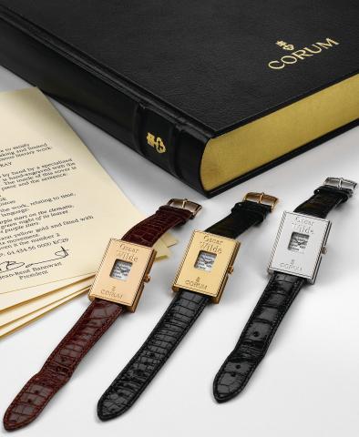 Oscar Wilde.Corum, made in the 1990s in a limited edition of 50.pieces each..A very fine set of three 18K gold quartz wristwatches dedicated.to Oscar Wilde, each with an 18K gold Corum buckle..Accompanied by three Golden Book Certificates and the.original