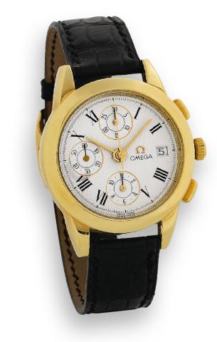 Omega, Automatic Chronograph, Ref. C 41. Made.to celebrate the 125th anniversary of Louis Brandt/.Omega in the 1980s..Fine, self-winding, water-resistant, 18K yellow gold wristwatch.with date, square button chronograph, registers and an.18K yellow gold Om