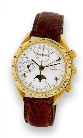 Yellow Gold Triple Date Moon Phase.Omega, Speedmaster Automatic, case No..54397875, Ref. BA 175.00.44. Made circa 1990..Fine, self-winding, 18K yellow gold wristwatch with round.button chronograph, registers, tachometer, 24-hour indication.triple date and