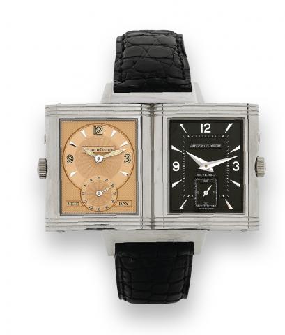 Night / Day.Jaeger-LeCoultre, Reverso Duoface, Night-Day.Ref. 270.3.54. Made in the 1990s..Very fine, rectangular, two-time zone, double-face, 18K white.gold wristwatch with 45-hours autonomy and an 18K white.gold Jaeger-LeCoultre deployant clasp. Accompa