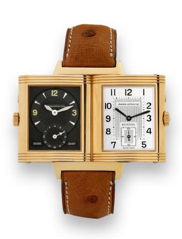 Night-Day.Jaeger-LeCoultre, Reverso - Duo Face.Night-Day, case No. 1869592, Ref. 270.2.54. Made in circa.2000..Very fine, rectangular, 2 individually adjustable time zones.double-dial, 18K pink gold reversible wristwatch with an 18K.pink gold Jaeger-LeCou