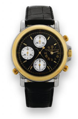 Split - Chrono Berlin 1907.Ulysse Nardin, Le Locle, Suisse, Split - Chrono.Berlin 1907, No. 144, Ref. No. 575-22. Made in the late.1990s..Very fine, large, self-winding, water-resistant to 30 meters.stainless steel and 18K yellow gold wristwatch with roun