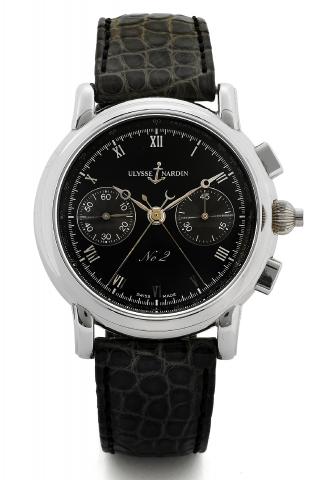White Gold Split-Seconds Chronograph.Ulysse Nardin, Split-Seconds Chronograph, No. 2, movement No.44.9.02, case No. 002, Ref. 440-22. Made in the.1990s..Fine, 18K white gold wristwatch with square button split-seconds chronograph, register, tachometer and