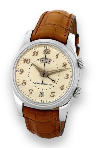 Stainless Steel Traveler II.Girard-Perregaux, Ref. 4935, No. 65. Made circa.2000..Very fine, self-winding, water-resistant, two time zone, stainless.steel wristwatch with date, alarm and a steel Girard-Perregaux.buckle. Accompanied by a fitted box and ins