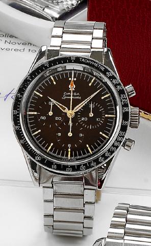 Tropical Dial.Omega, movement No. 19583904, Ref. ST 105.002-62. Made in 1963..Fine and rare, water-resistant, stainless steel wristwatch with round button chronograph, registers, tachometer and a stainless.steel Omega link bracelet. Accompanied by a fitte