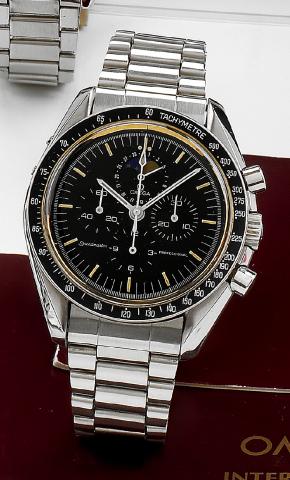 Speedymoon.Omega, Speedmaster Professional, No. 44124307, Ref. ST 345.0809. Made in 1984..Fine and rare, astronomic, water-resistant, stainless steel wristwatch with round button chronograph, date, moon phases.registers, black bezel with tachometer gradua