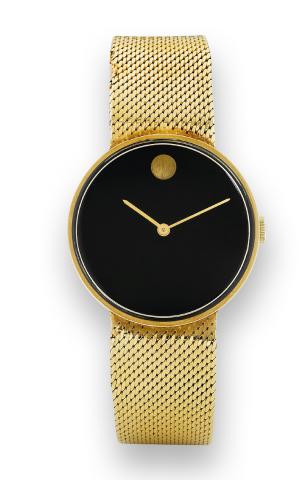 Yellow Gold Museum.Movado, Ref. 246-224-085. Made in the 1970s..Fine and elegant 14K yellow gold wristwatch with an integral 14K yellow gold mesh bracelet. Accompanied by.a fitted box, warranty card and operating manual..To be sold without reserve